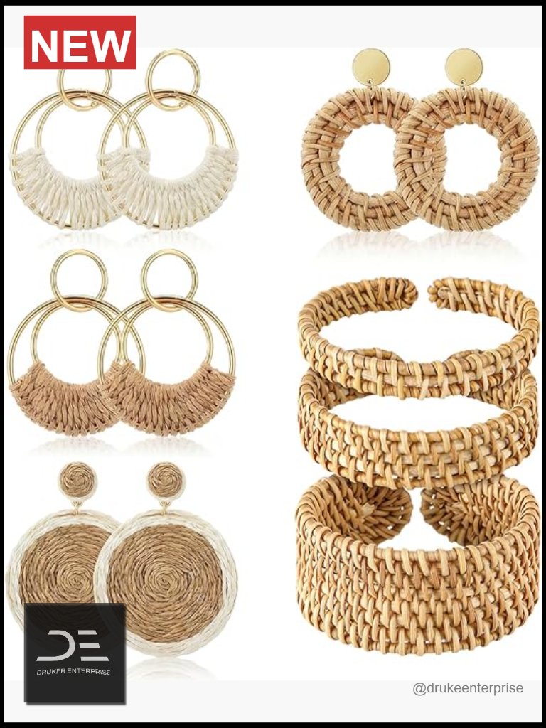 11 Pcs Boho Rattan Bracelet Earrings Set - 3 Woven Bracelets 4 Straw Earrings